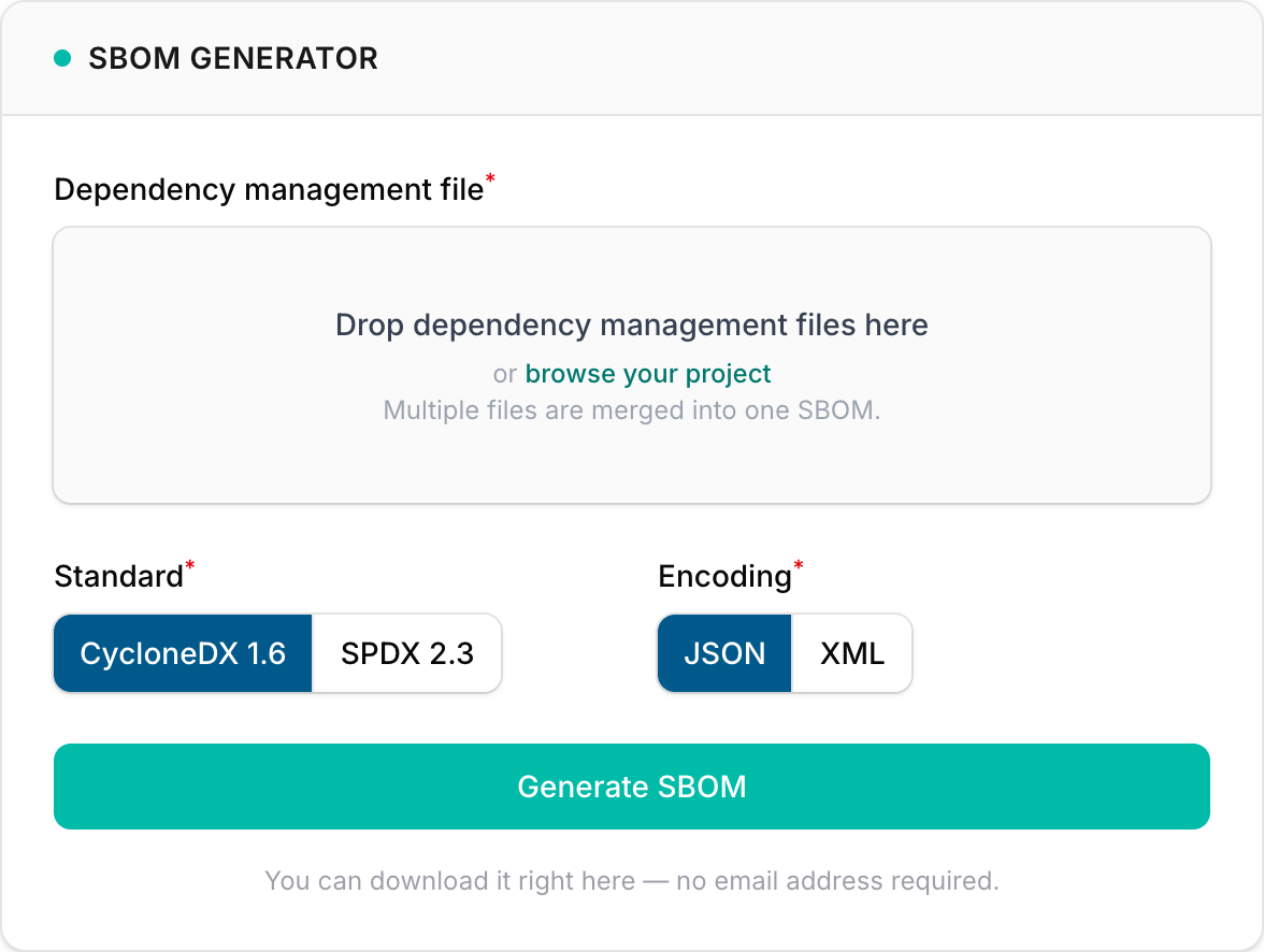 Screenshot of crality’s free SBOM generator: upload field for dependency management files, choice of CycloneDX 1.6 or SPDX 2.3 as JSON or XML, and the “Generate SBOM” button